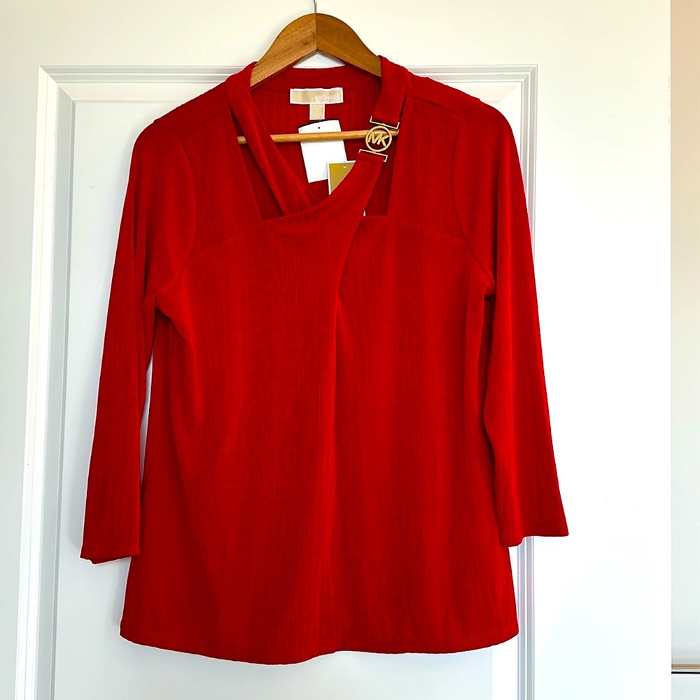Michael Kors Crimson Red 3/4 Sleeve Blouse Top L